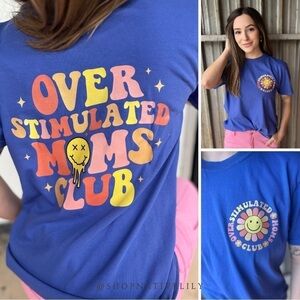NWT Comfort Colors Overstimulated Moms Club Smiley Retro Tee | Sz M | Neon Blue